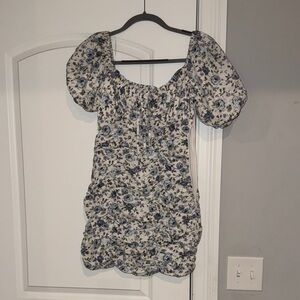 MARBLE Floral Puff Sleeve Top - Navy and Cream